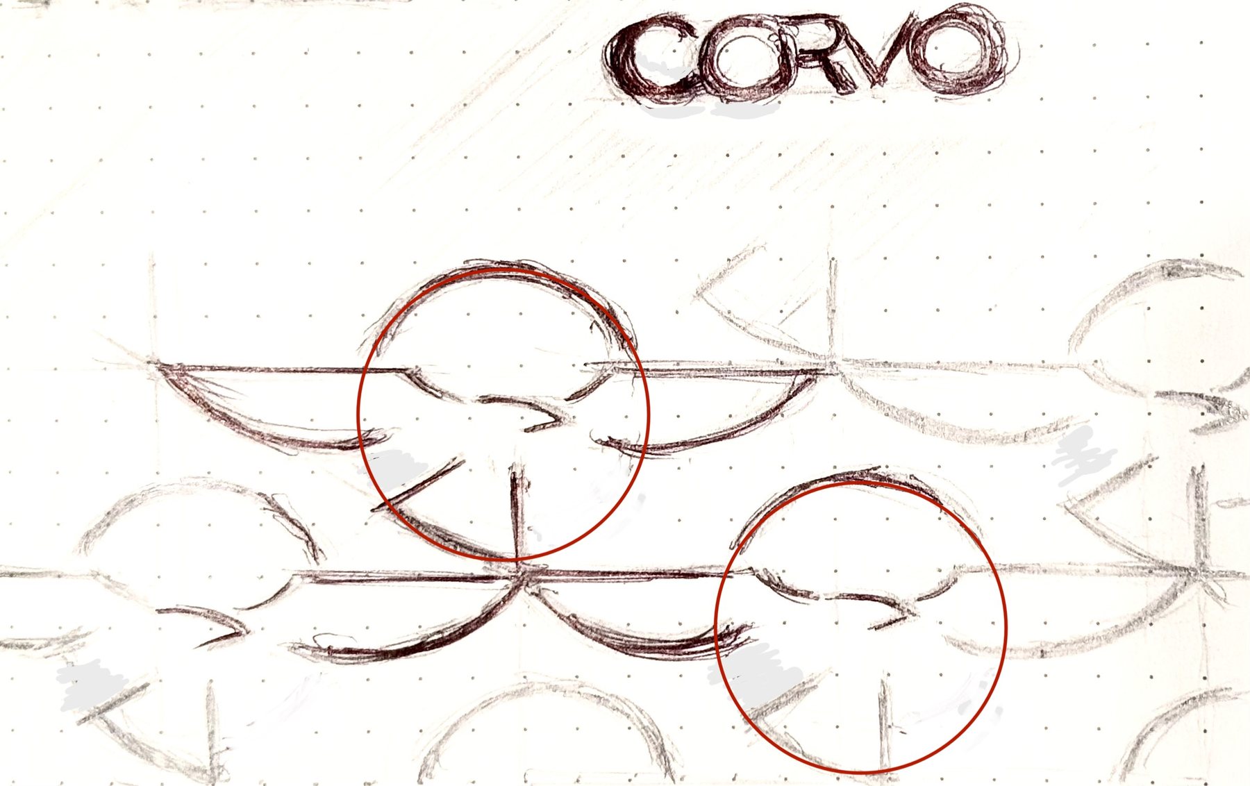 Handskizze des Corvo-Logos mit Kreisen und Flügeln